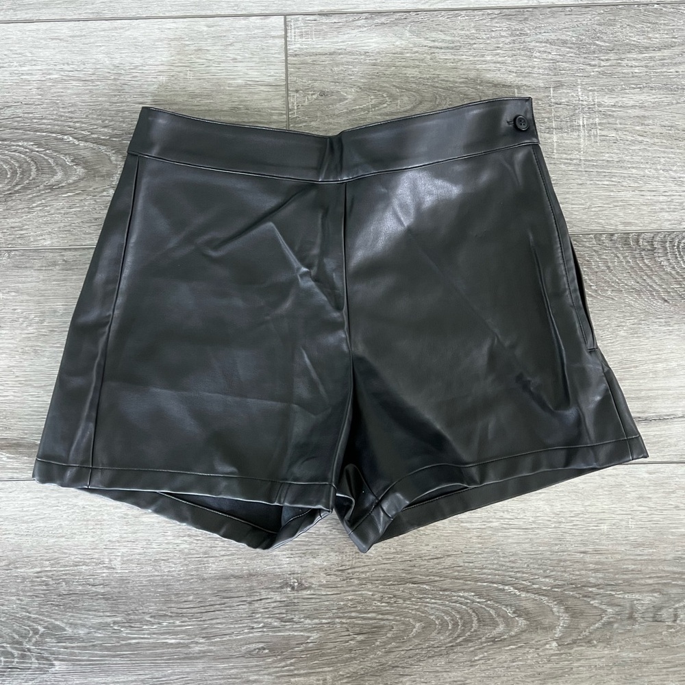 Black faux leather high waisted shorts size L. Like new